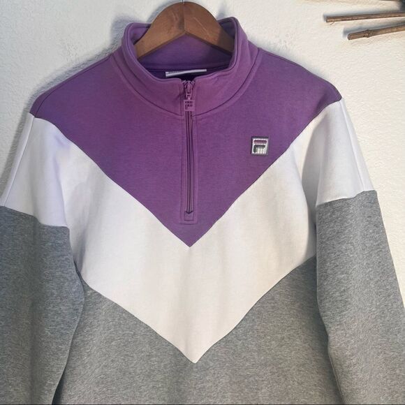FILA Womens 1/4 Zip Pullover Color block chevron Pattern Lavender White Gray XL - Picture 10 of 11